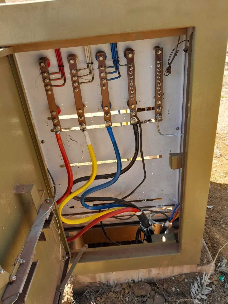 Three-phase busbar connections and phase wiring inside electrical distribution kiosk, Gauteng